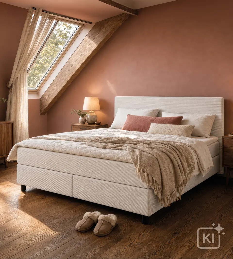 Helles Bett mit Kissen und Decke unter Dachschräge, Hausschuhe davor